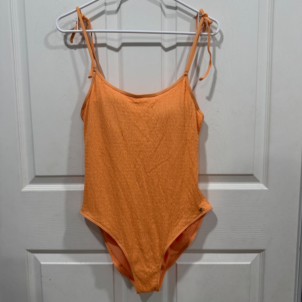 Roxy Orange Smocked One Piece Swimsuit Adjustable Tie Straps ERJX103353 Large
